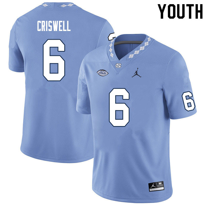 Youth #6 Jacolby Criswell North Carolina Tar Heels College Football Jerseys Sale-Carolina Blue